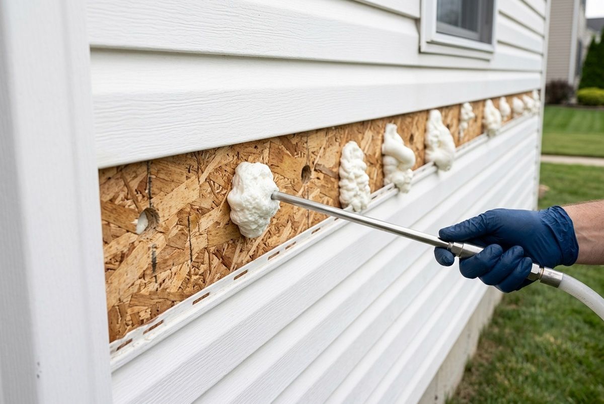 A contractor applying spray foam insulation behind vinyl siding on a home exterior.