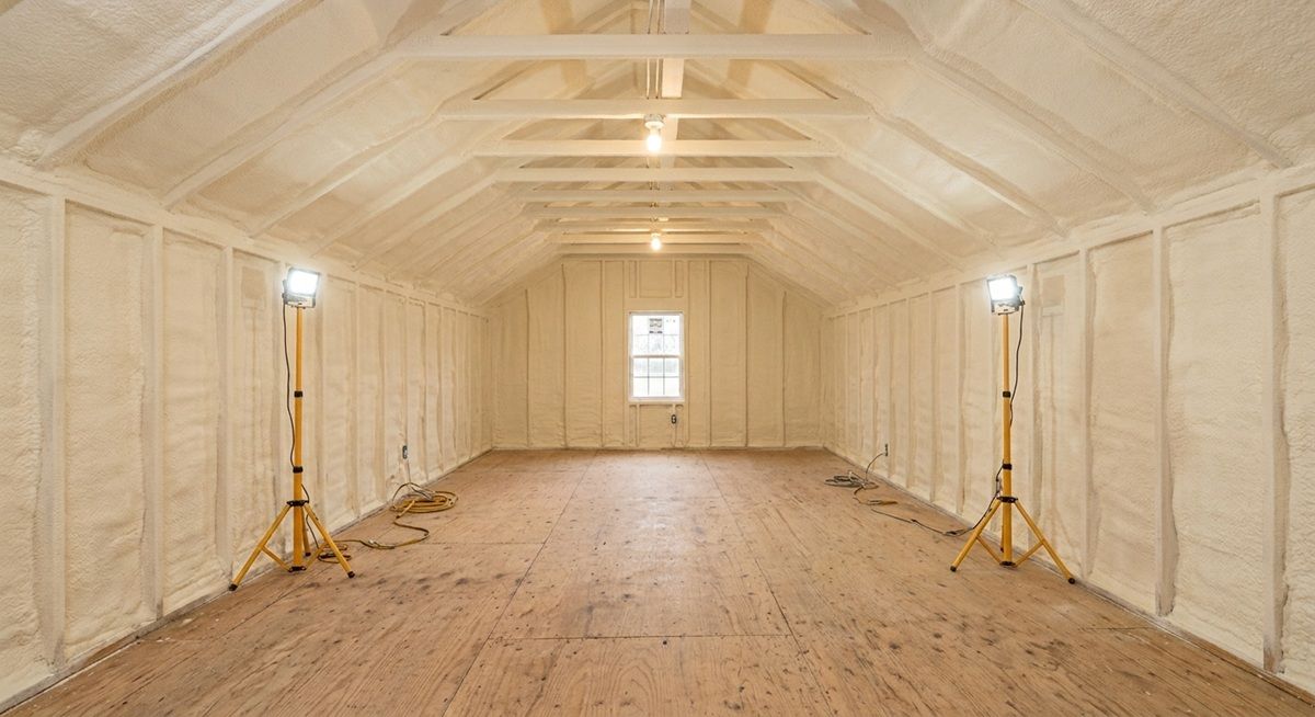 Attic space with new spray foam insulation and construction lights.