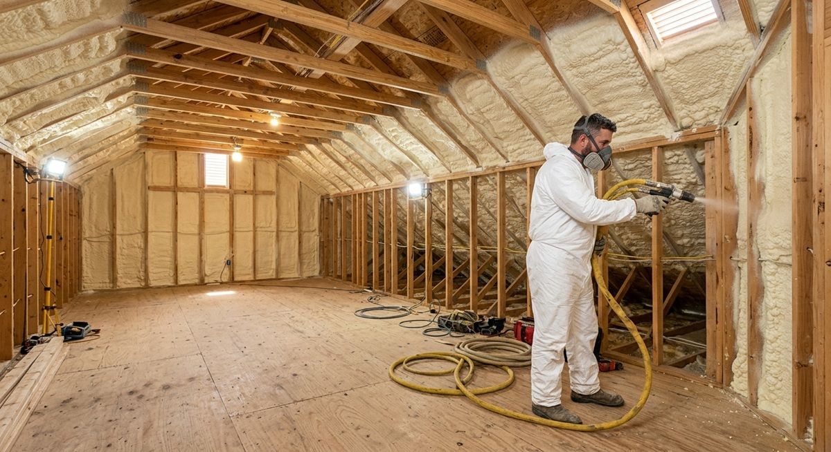 Contractor applying spray foam insulation in an attic.