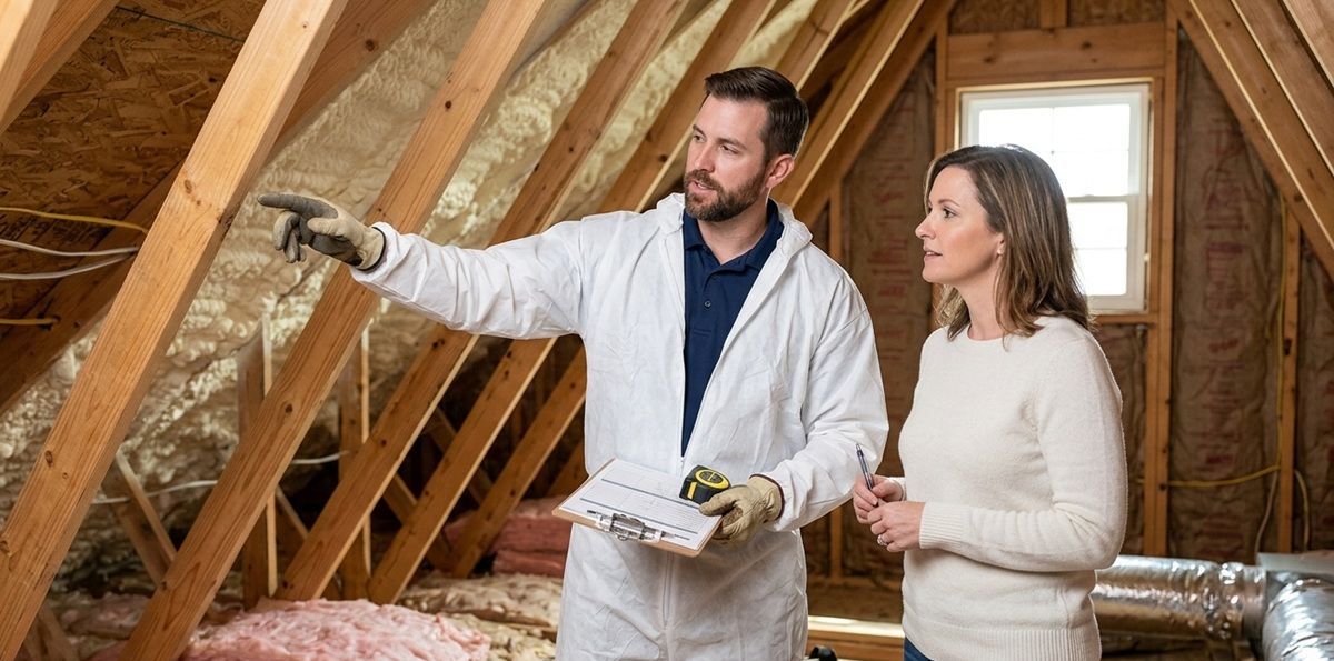Contractor discussing spray foam insulation with a homeowner in an attic.