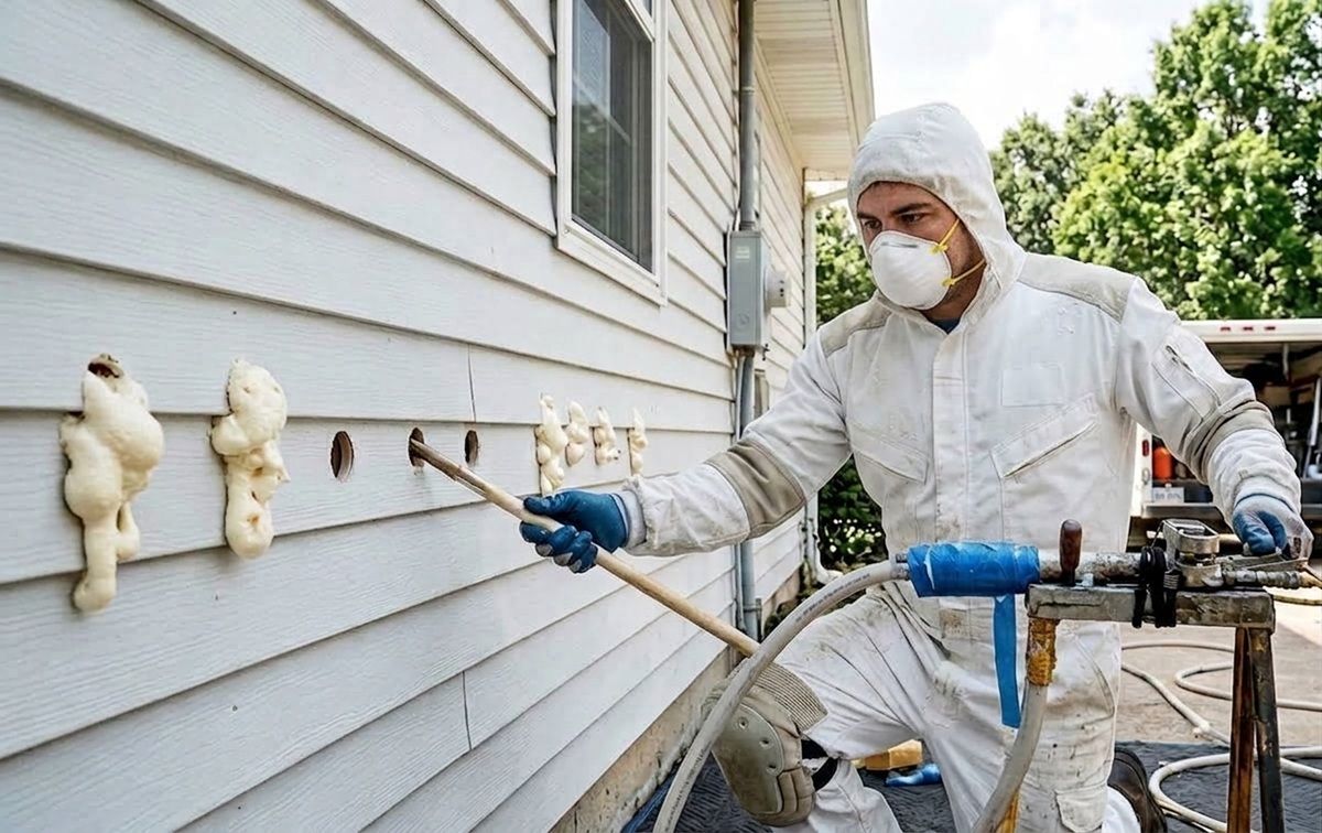 Insulation professional in protective gear injecting spray foam into a house wall.