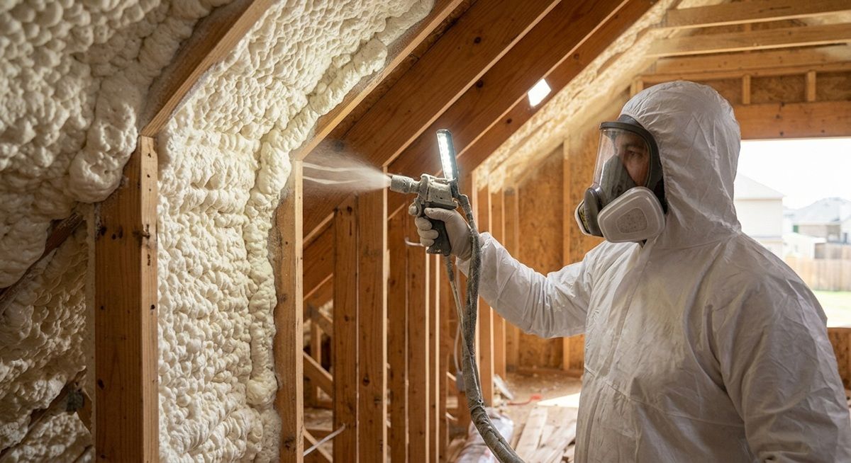Worker in protective suit applying spray foam insulation inside wooden framing.