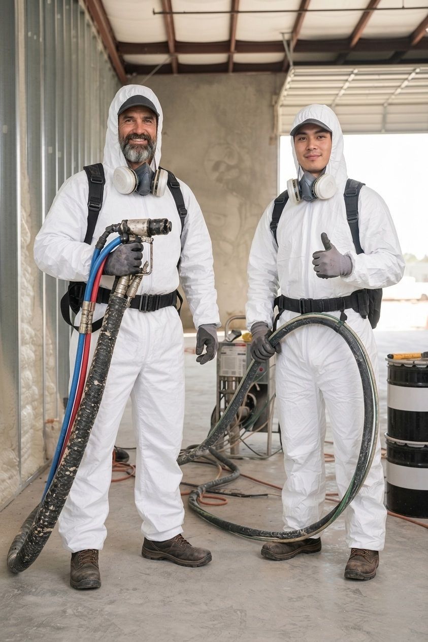 Two professional insulation contractors in white protective suits with respirators and a spray gun.
