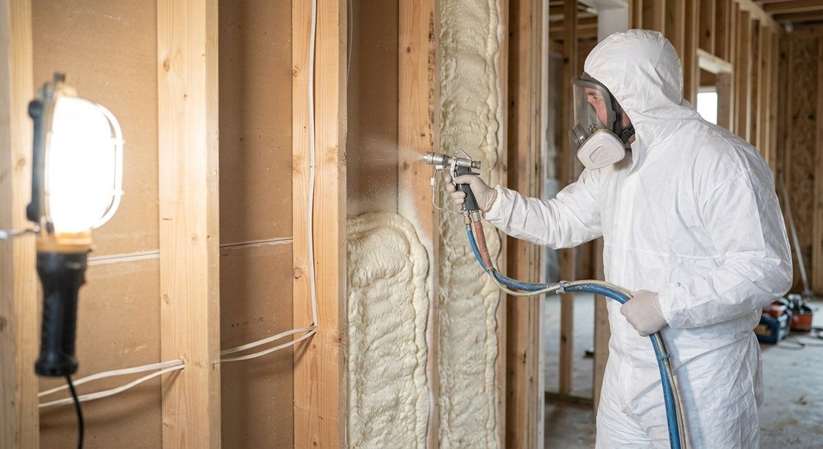 Applying closed cell foam insulation to wooden wall studs.