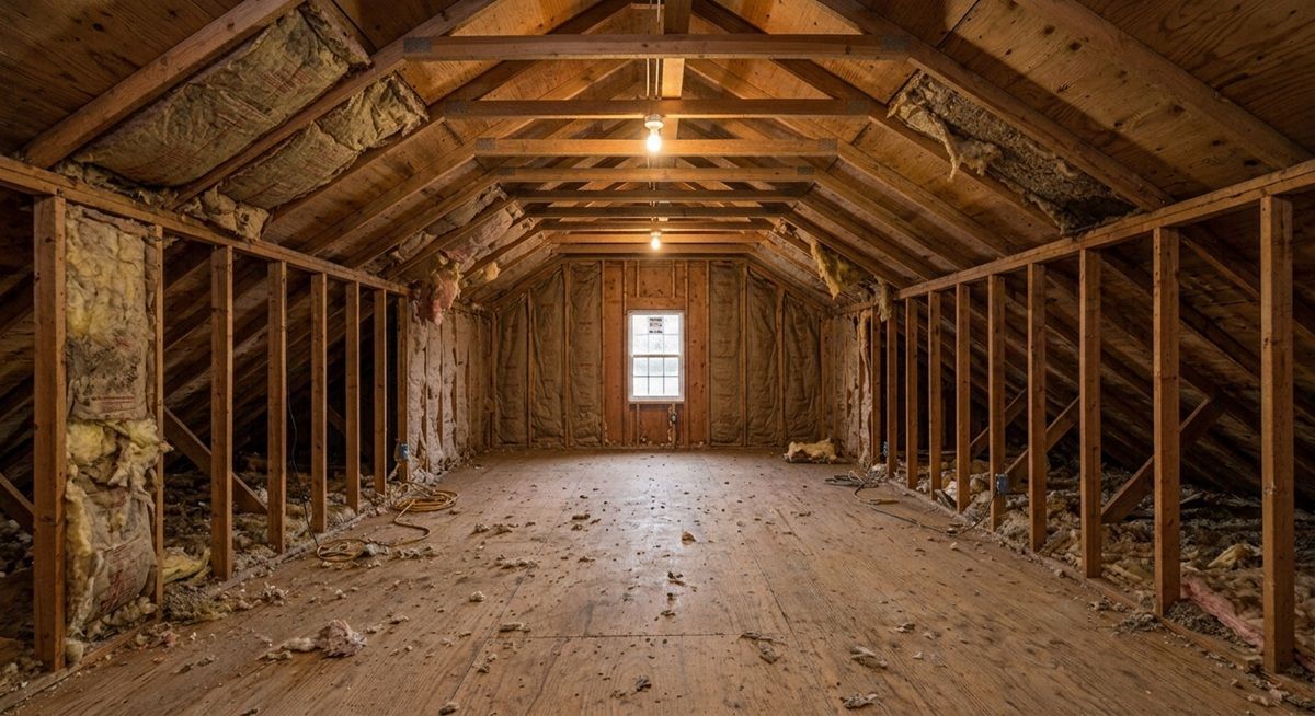 Unfinished attic construction site with exposed wood framing and a central window.
