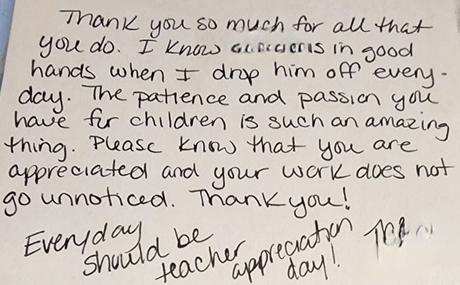 Handwritten thank-you note praising the recipient as an “amazing teacher” and saying they should be appreciated every day.