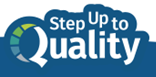 Step Up to Quality logo with blue and white text and a circular blue-green emblem