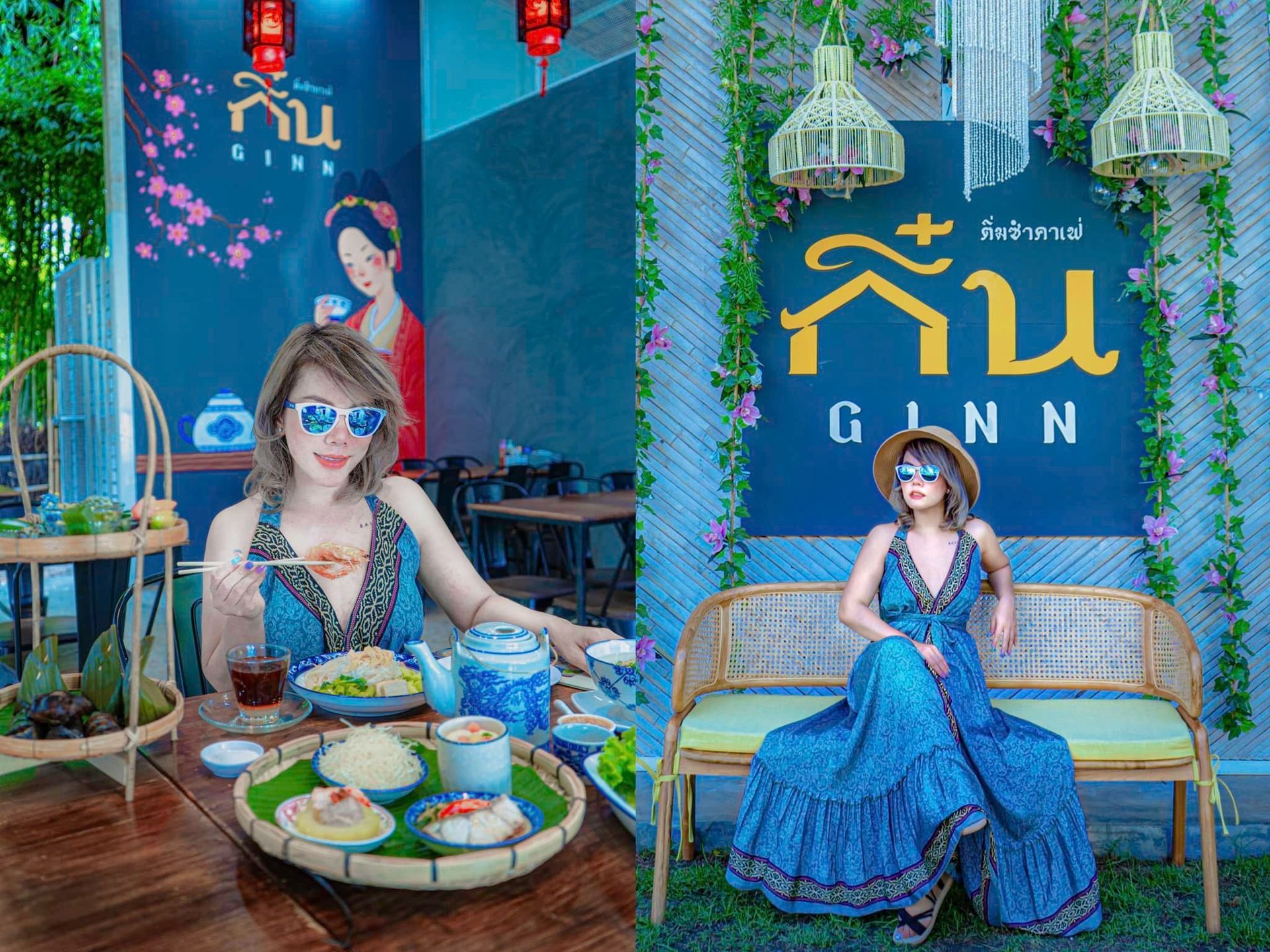 A woman in a blue dress is sitting on a couch eating food.