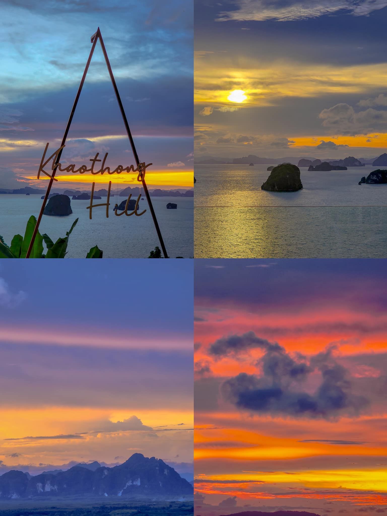 A collage of four pictures of sunsets over the ocean