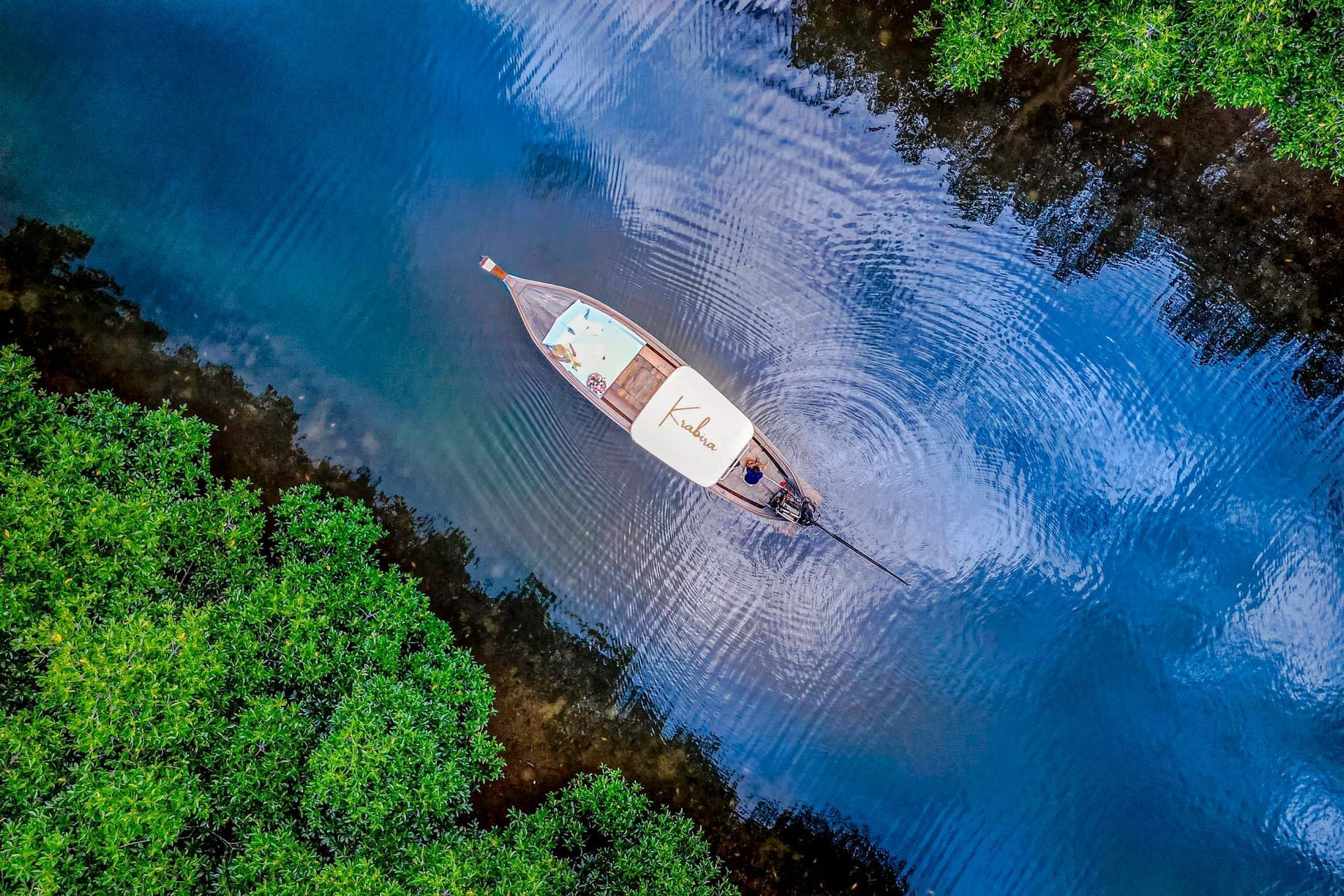 An aerial view of a boat floating on top of a river surrounded by trees.