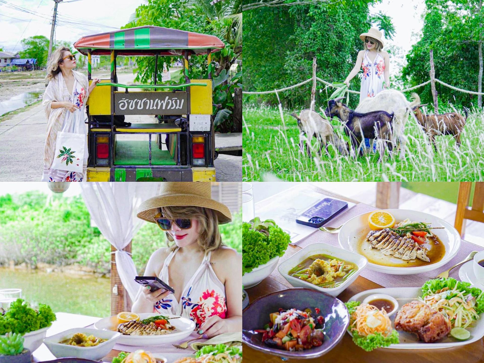 A collage of photos of a woman riding a rickshaw and eating food.