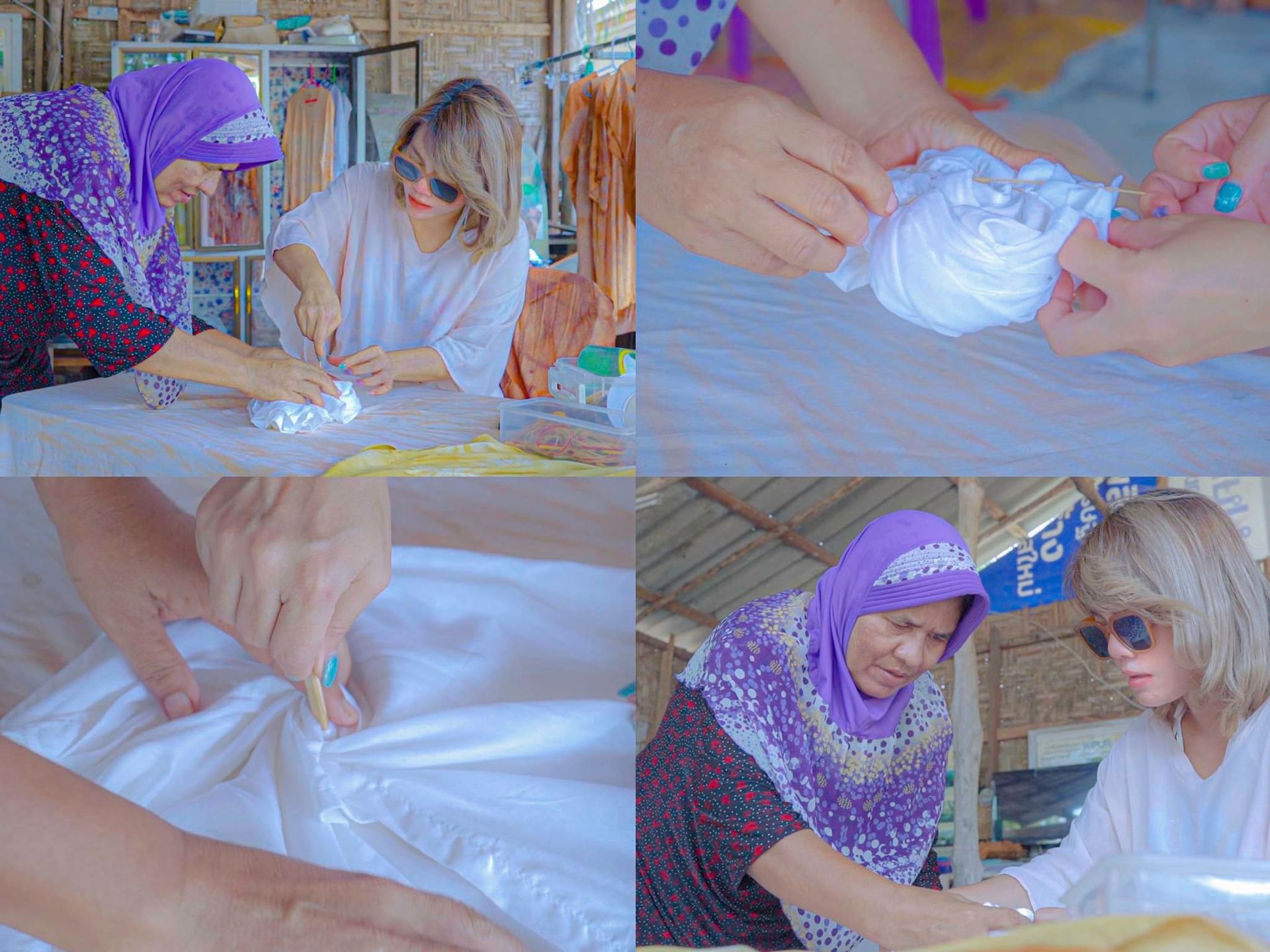 A collage of four pictures of women making clothes.