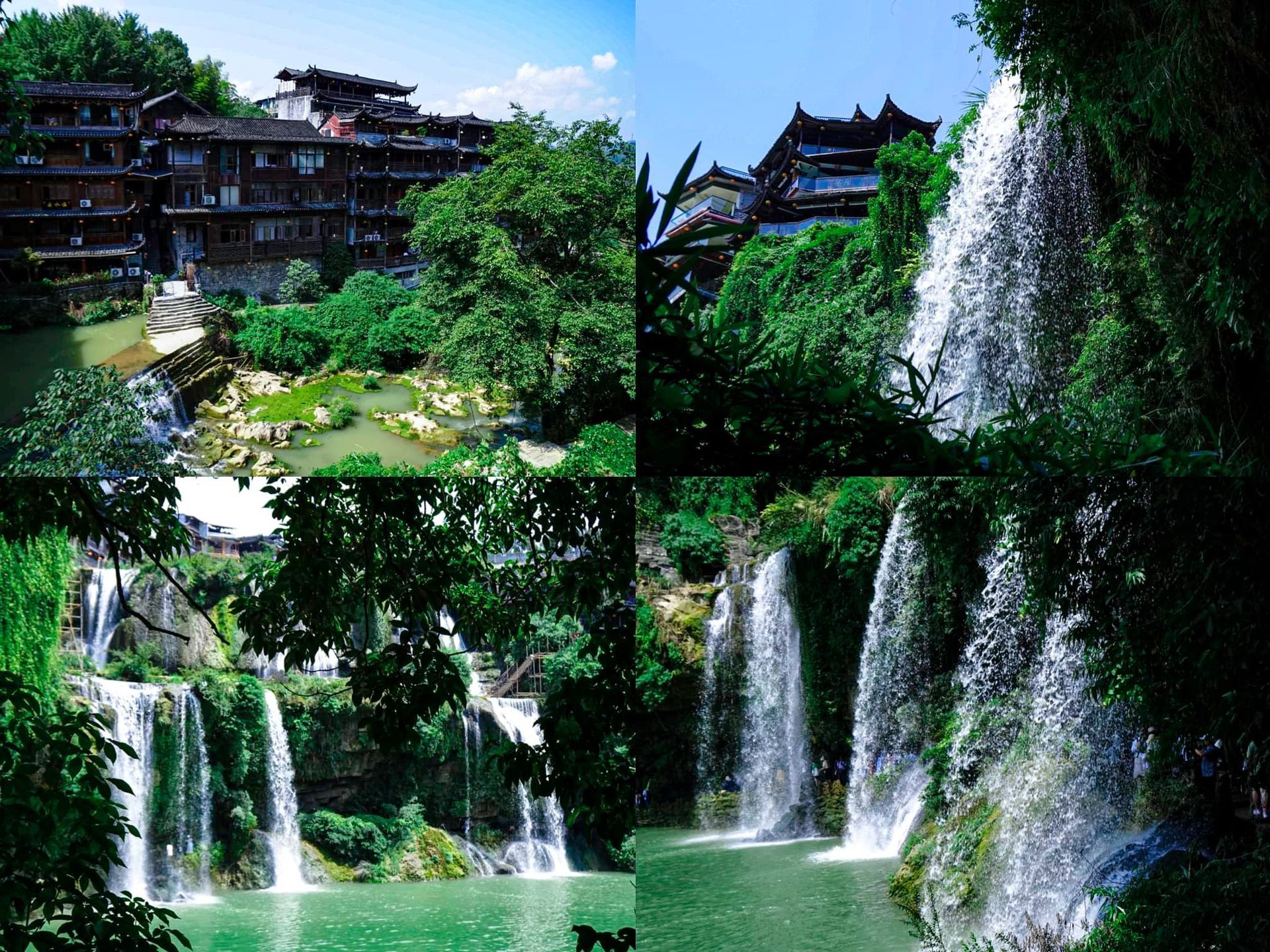 A collage of four pictures of a waterfall