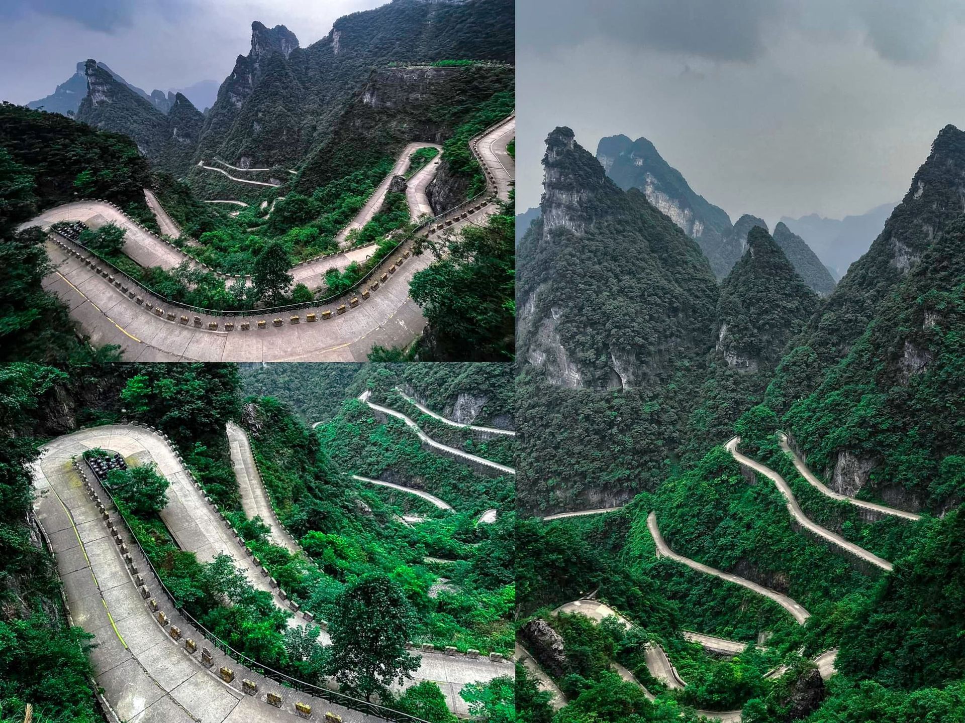 A collage of four pictures of a winding road in the mountains
