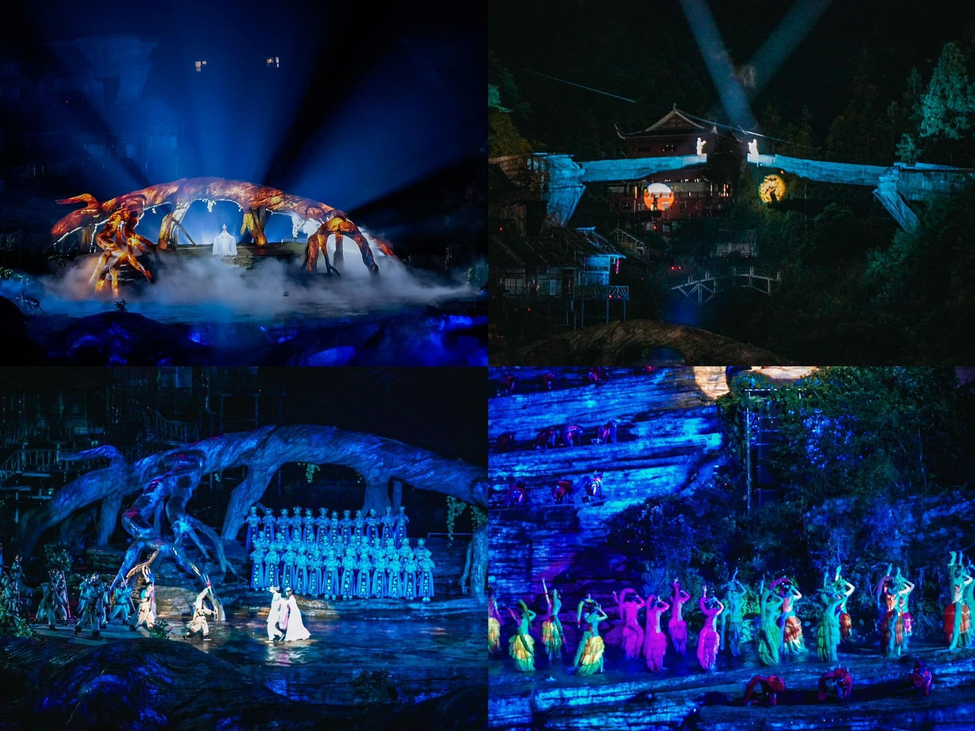A collage of four pictures of a stage with blue lights