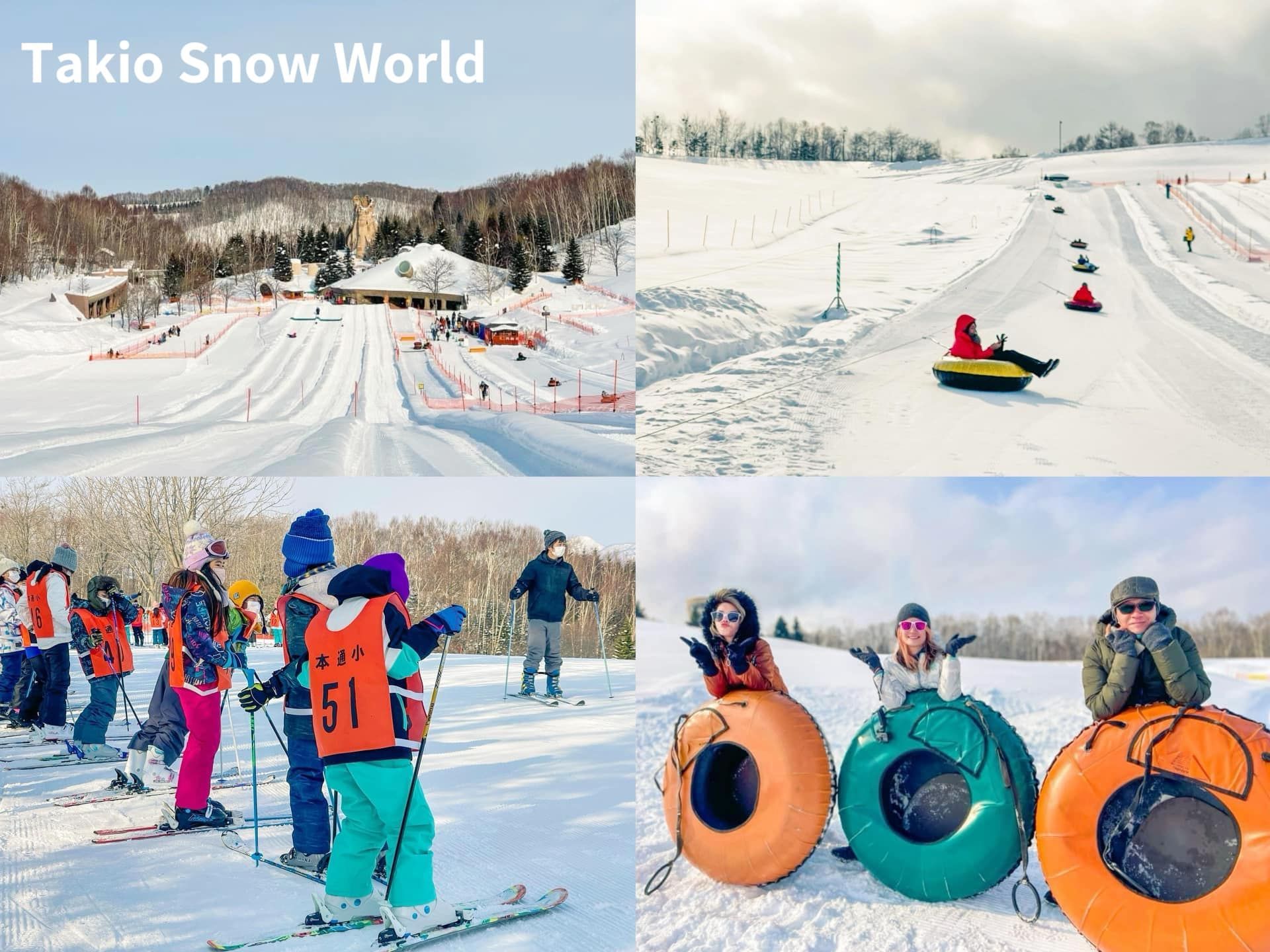 A collage of photos of people playing in the snow.