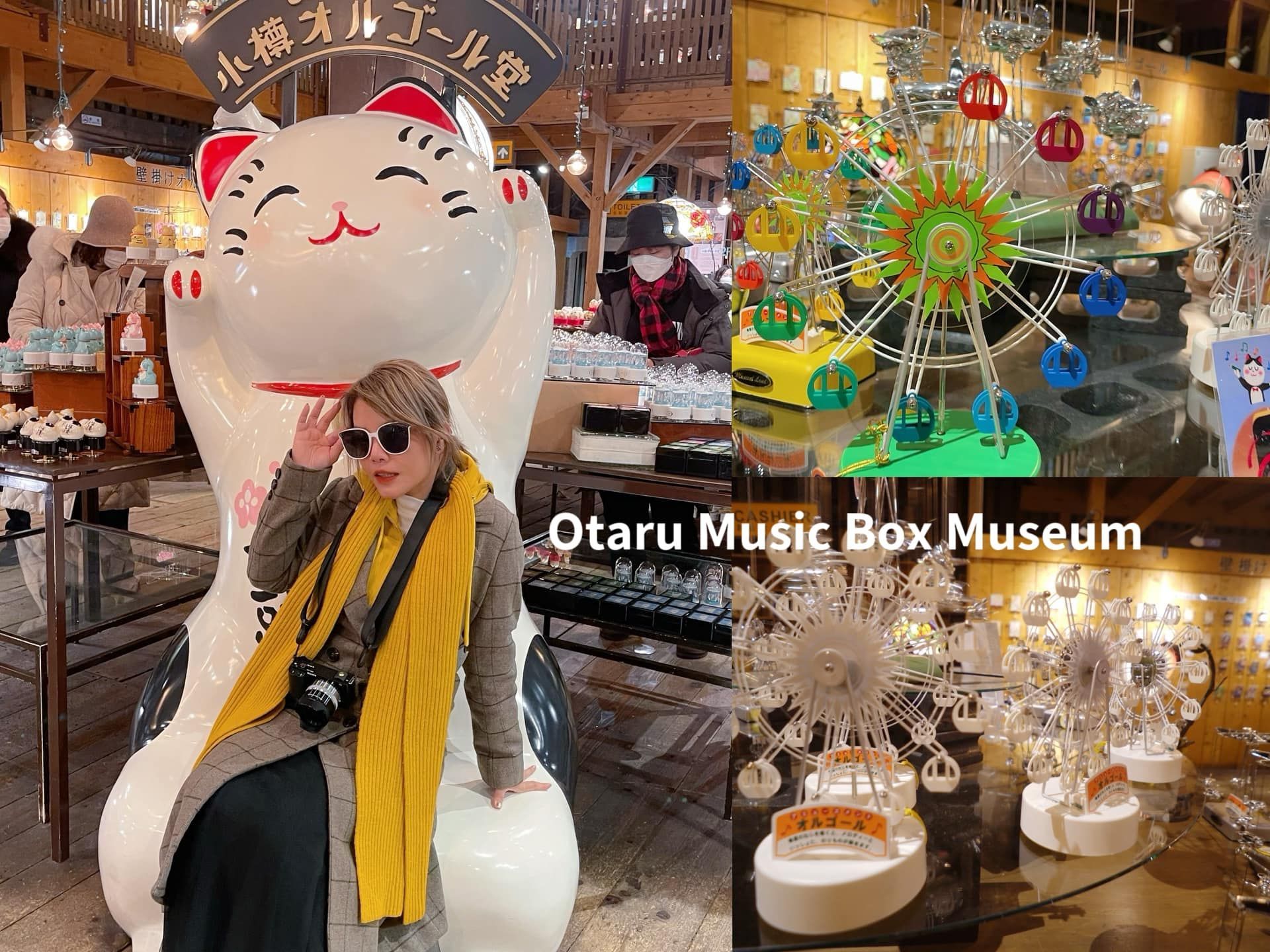 A woman is sitting on a white cat chair in front of a ferris wheel.