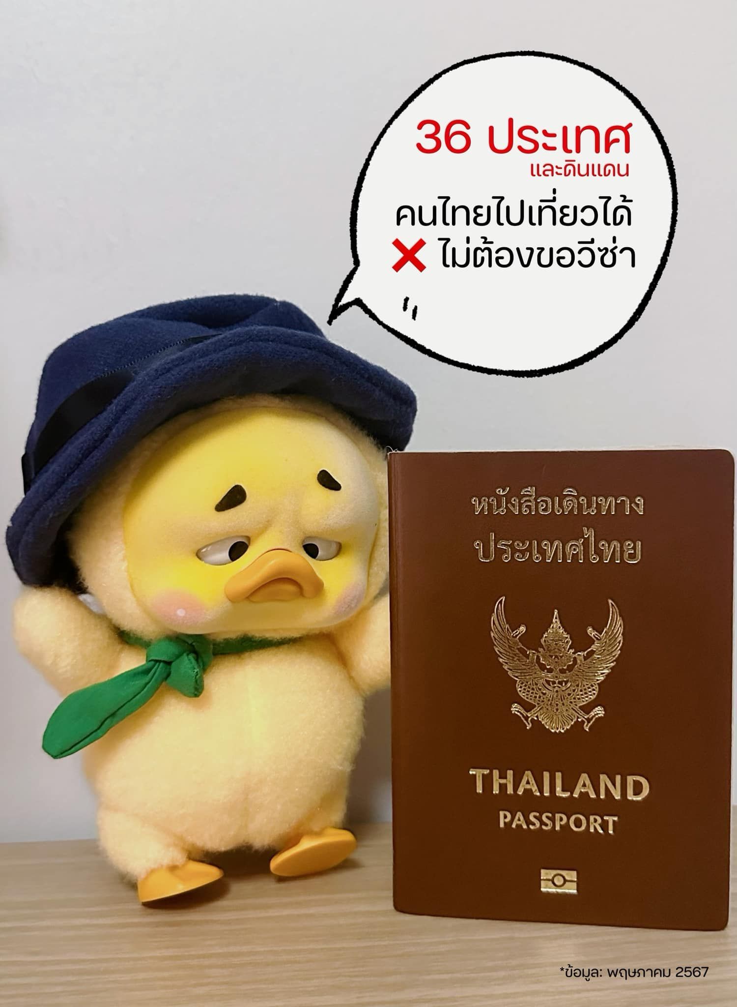 A stuffed duck is standing next to a thailand passport