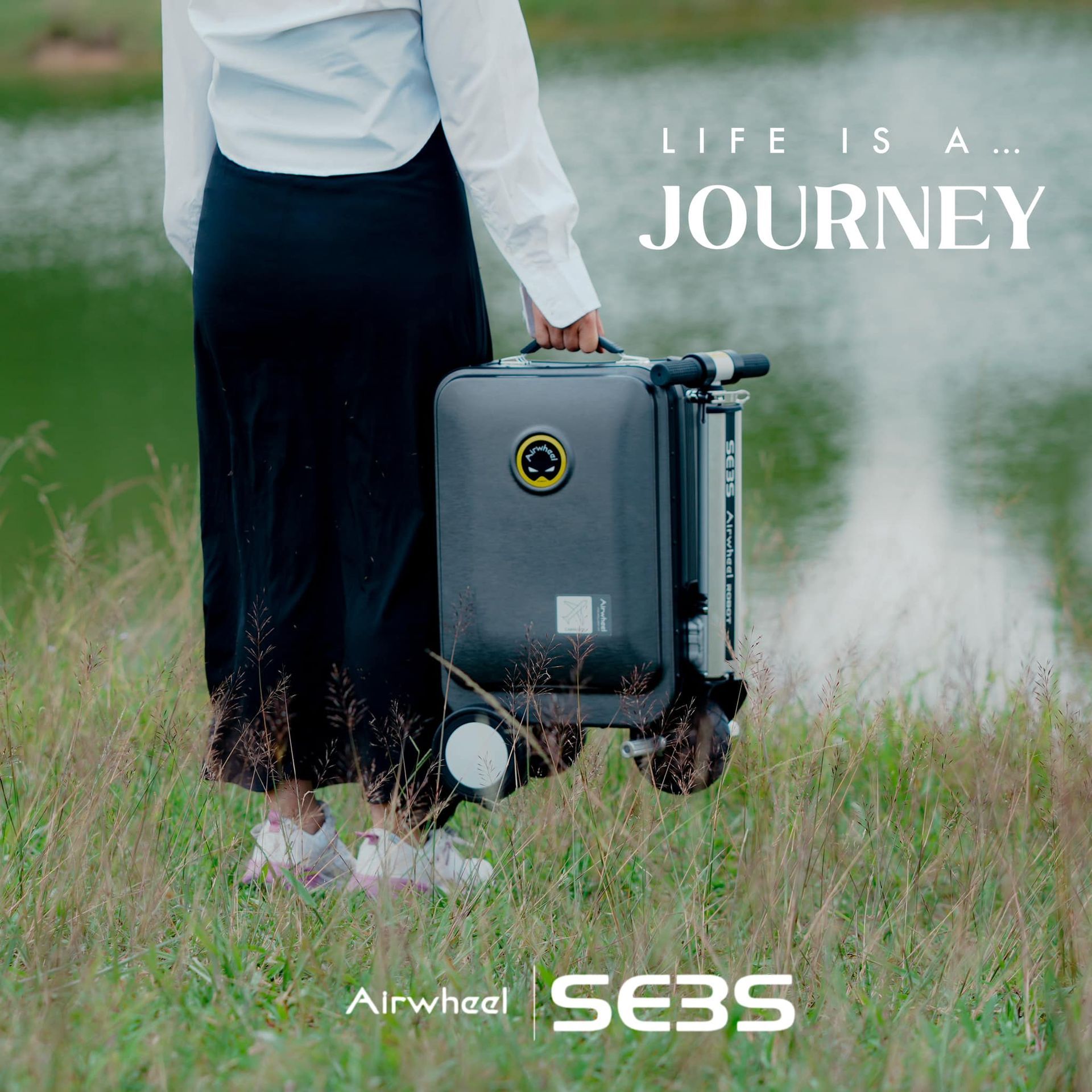 A woman is standing in a field holding a suitcase.