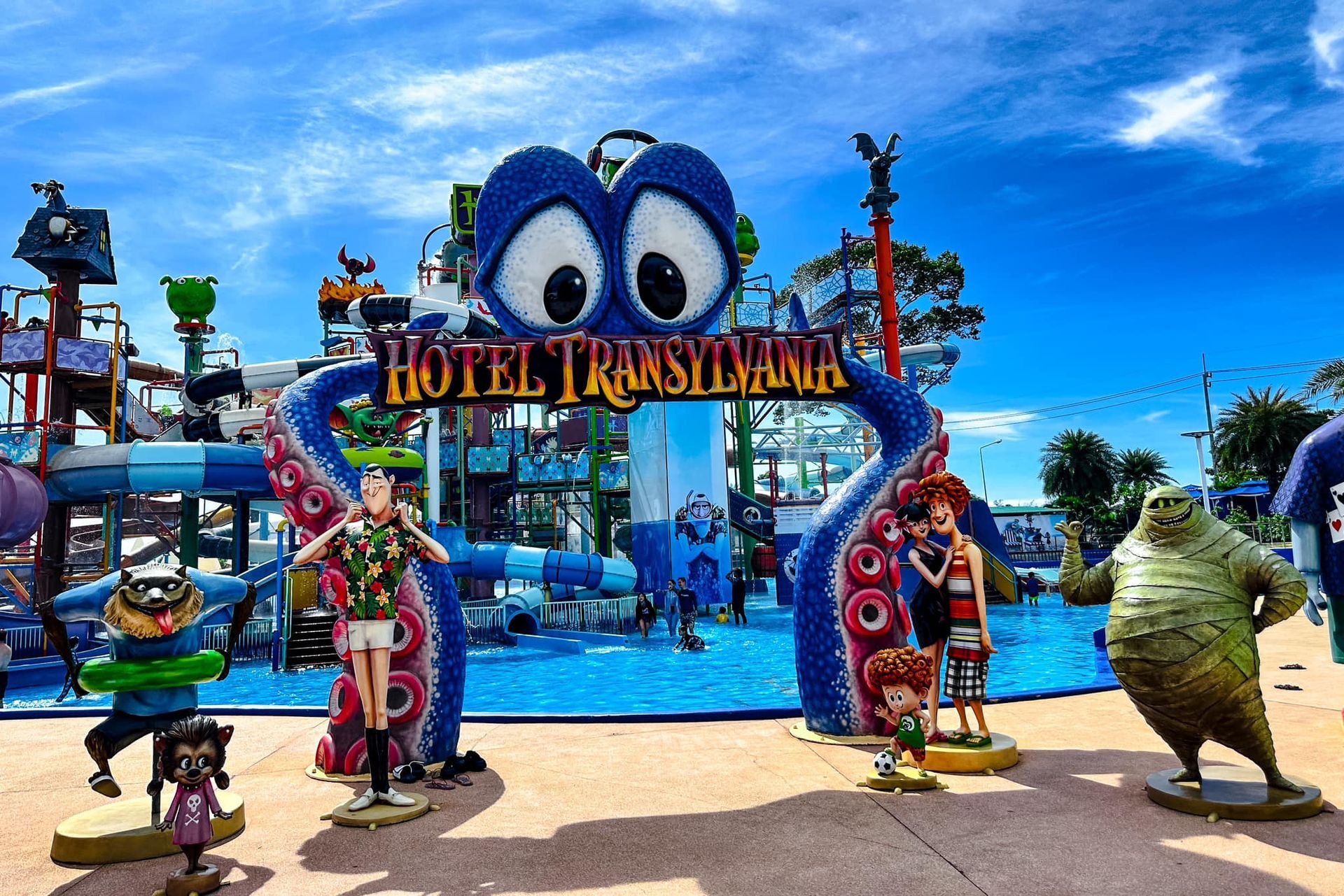 A water park with a sign that says hotel transylvania.