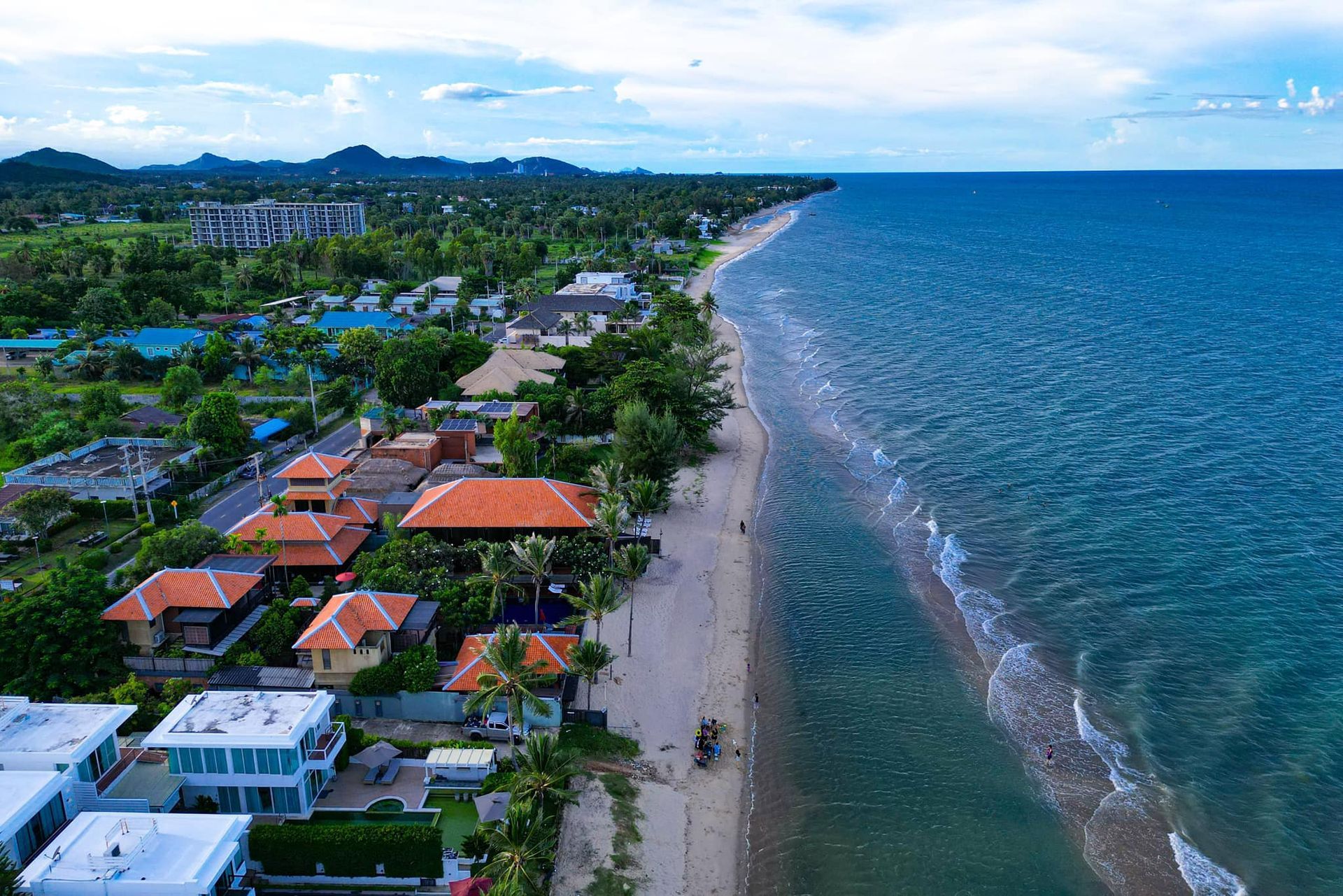 An aerial view of a beach with houses and trees next to the ocean.