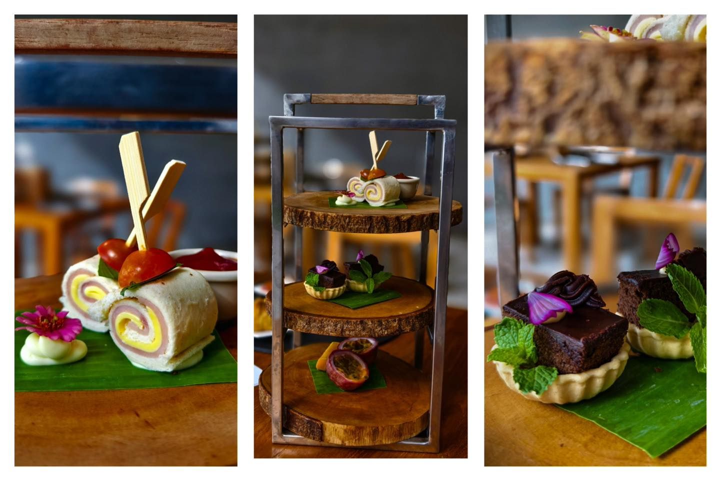 A collage of three pictures of desserts on a wooden table.