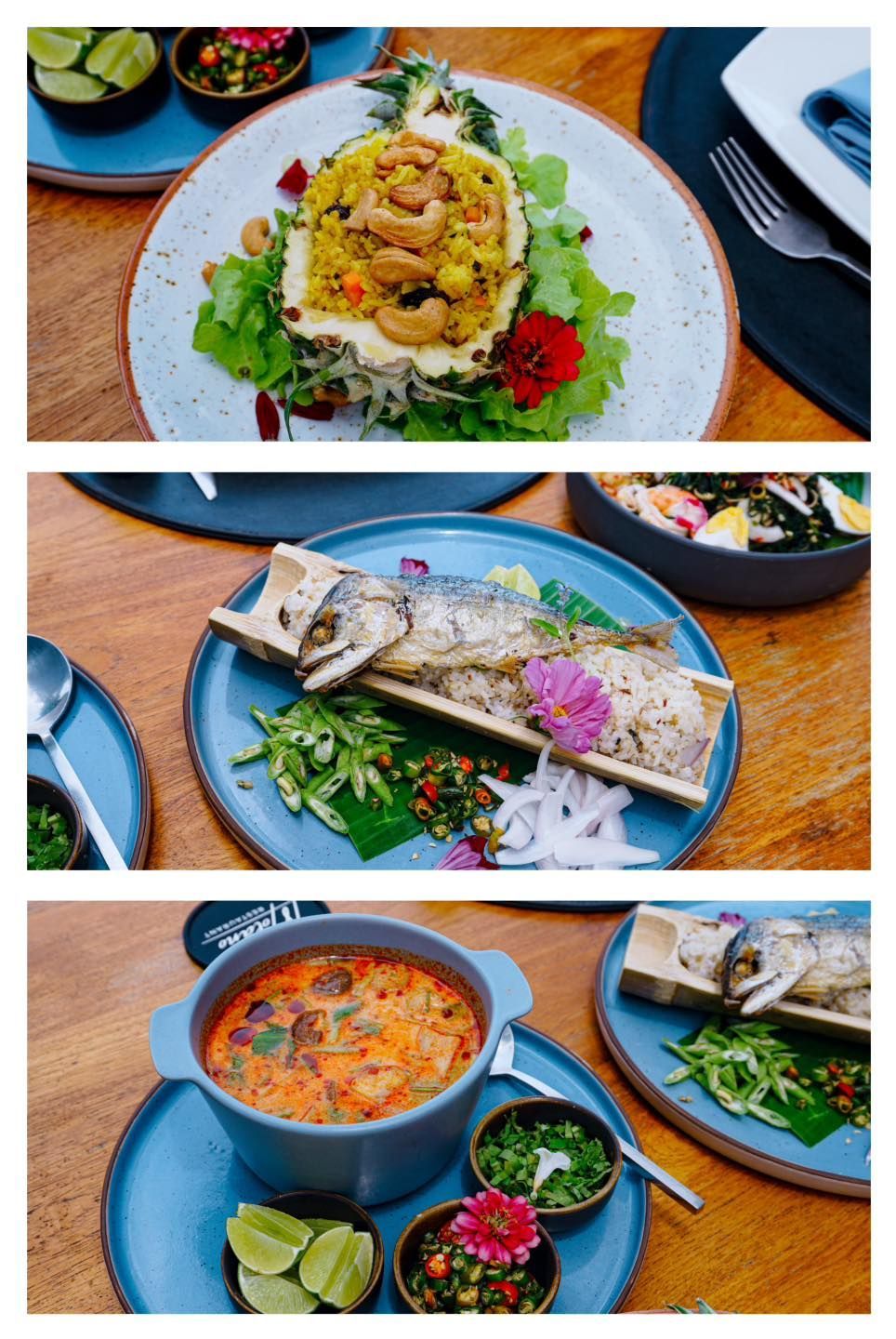 A collage of three pictures of different types of food on plates on a table.