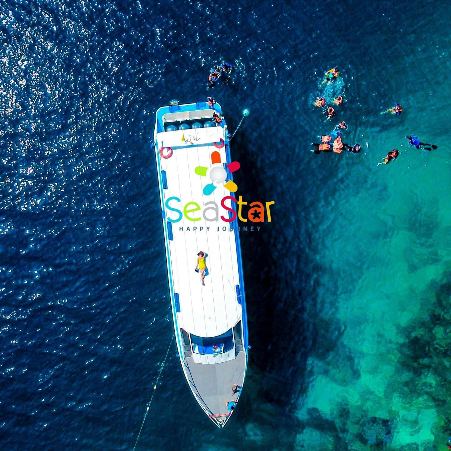 An aerial view of a boat that says seastar on it