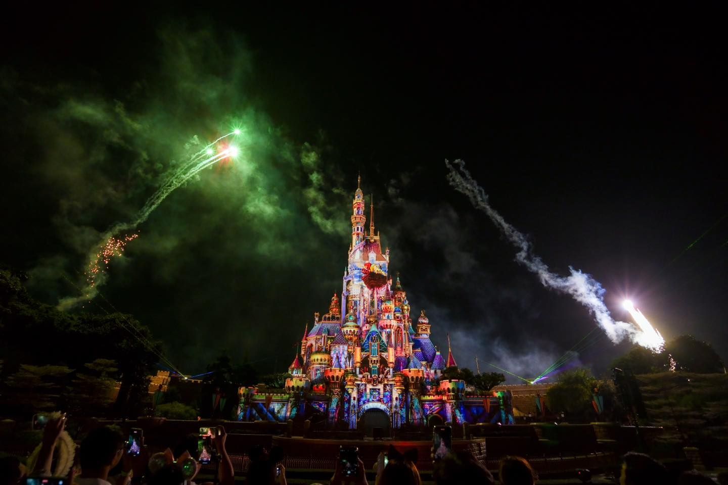 A group of people are watching fireworks over a castle at night.