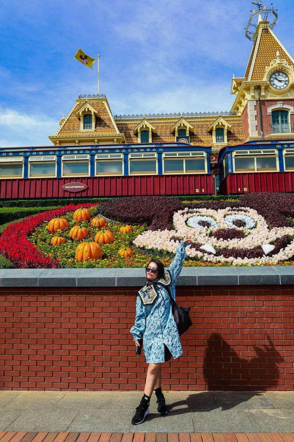 A woman is standing in front of a brick wall with flowers and a train in the background.