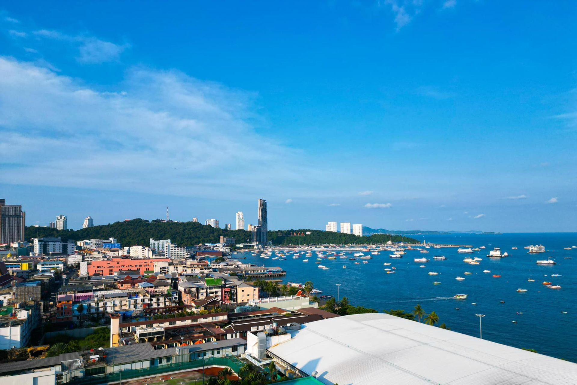 An aerial view of a city overlooking the ocean in Pattaya.