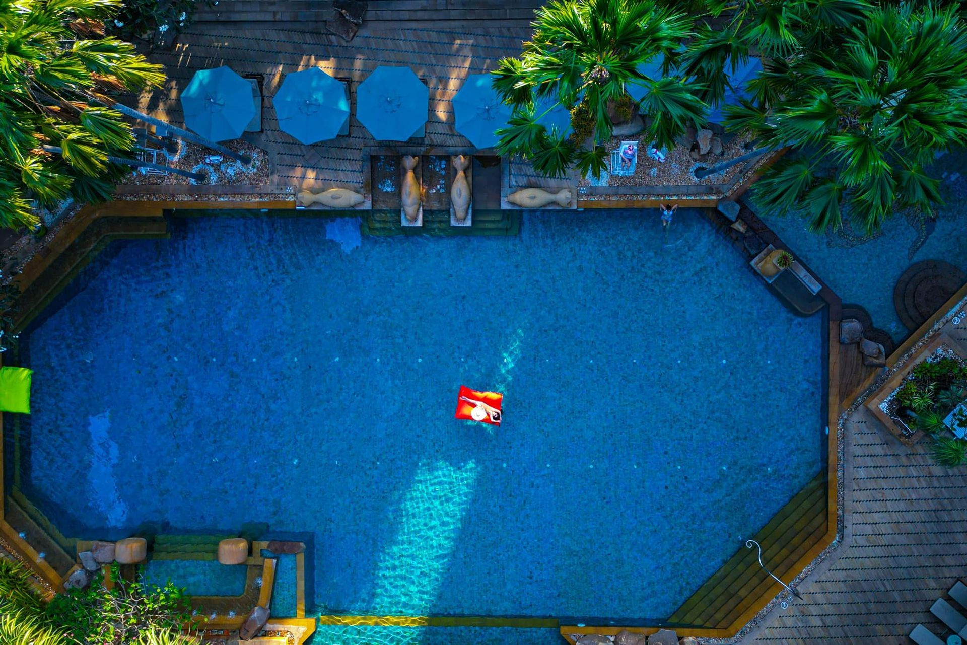 An aerial view of a large swimming pool surrounded by palm trees