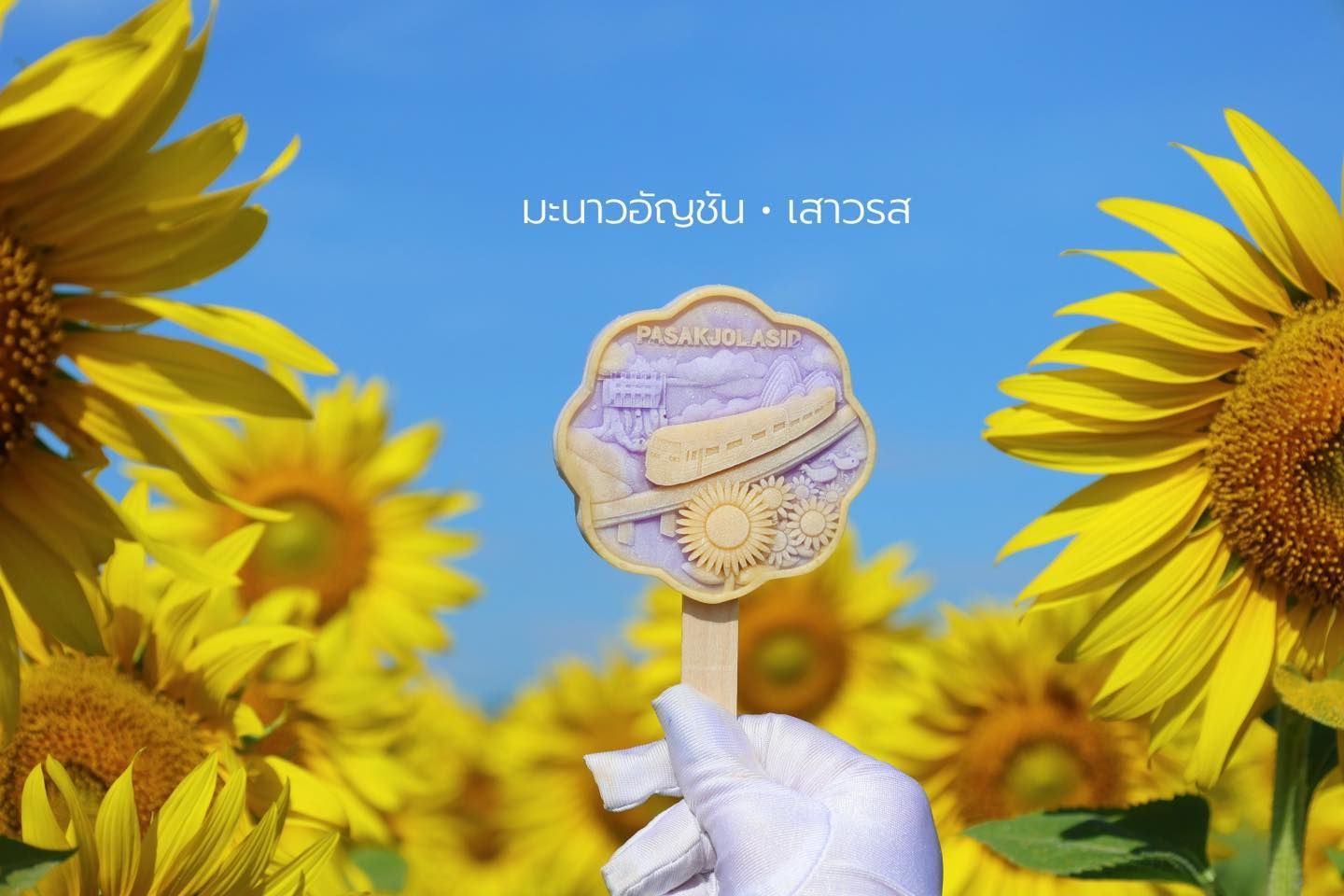 A person is holding a 3D ice-cream in front of a field of sunflowers.