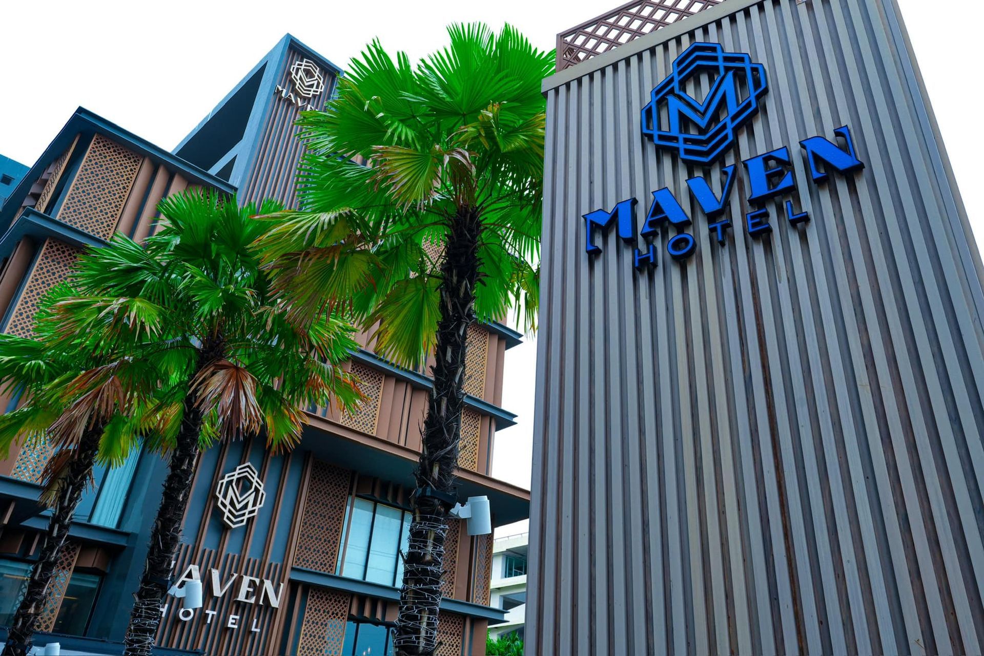 A large building with a palm tree in front of it.