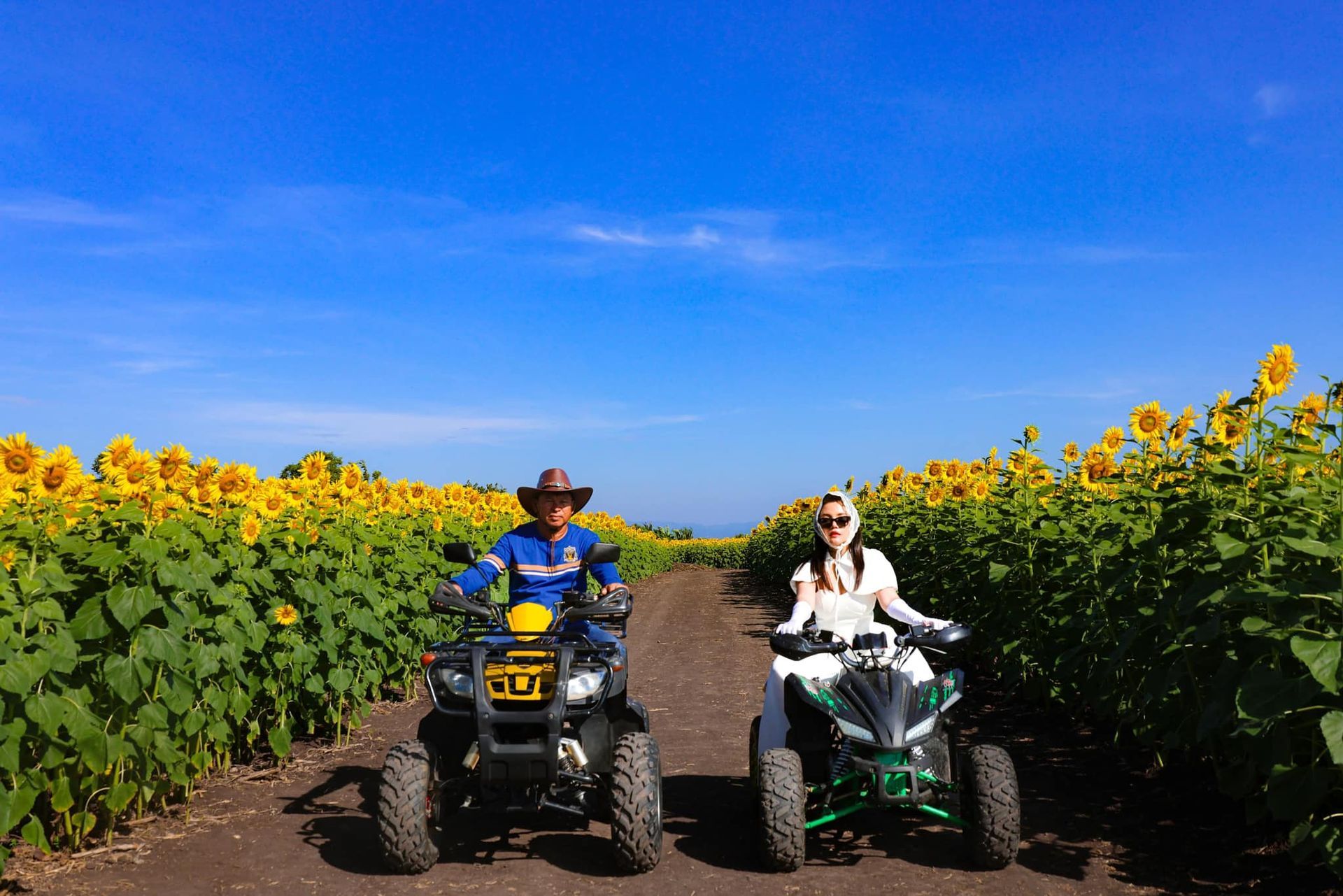A man and a woman are riding atvs in a field of sunflowers.
