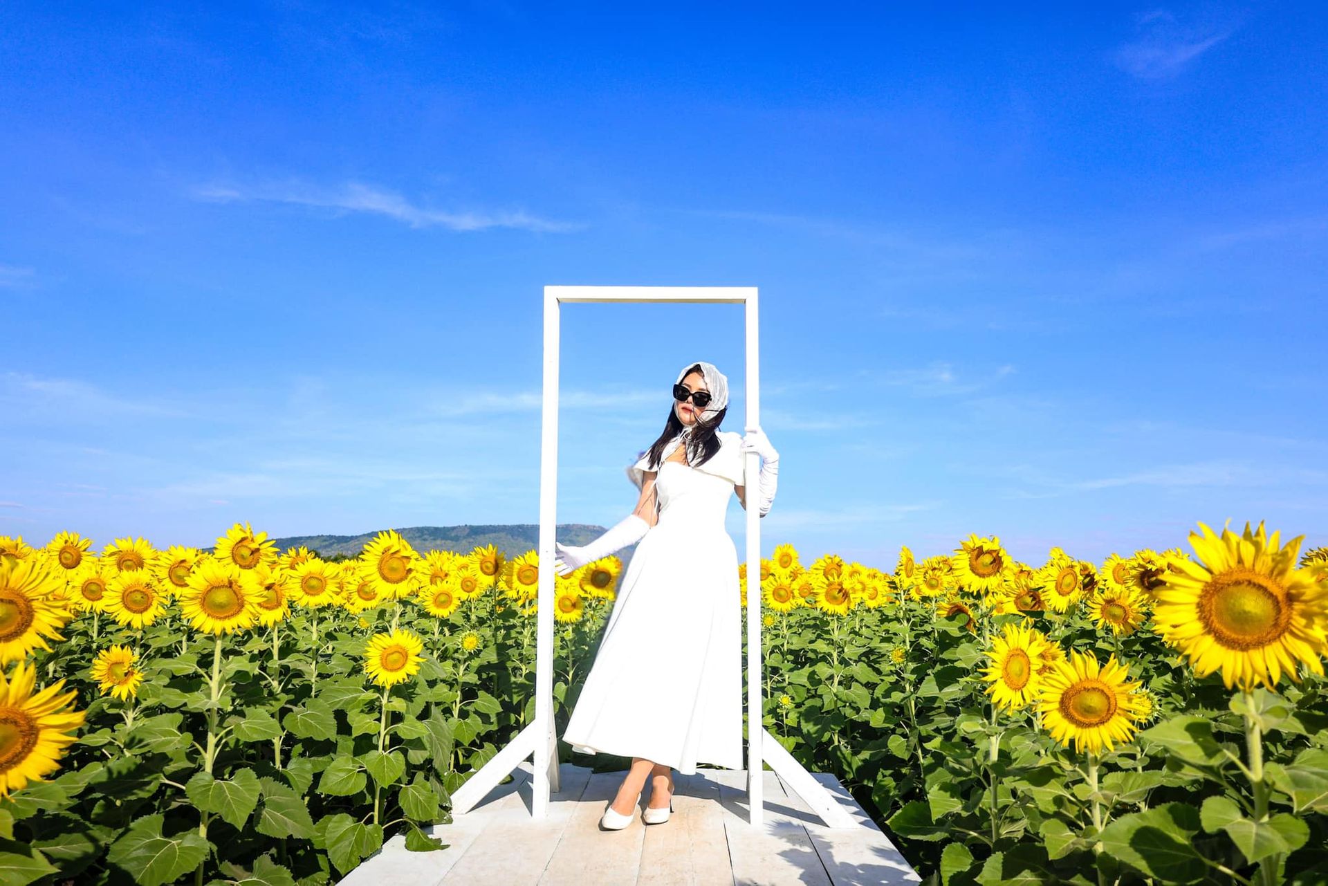 A woman in a white dress is standing in a field of sunflowers.