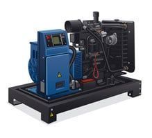 Blue and black industrial generator set mounted on a black steel frame