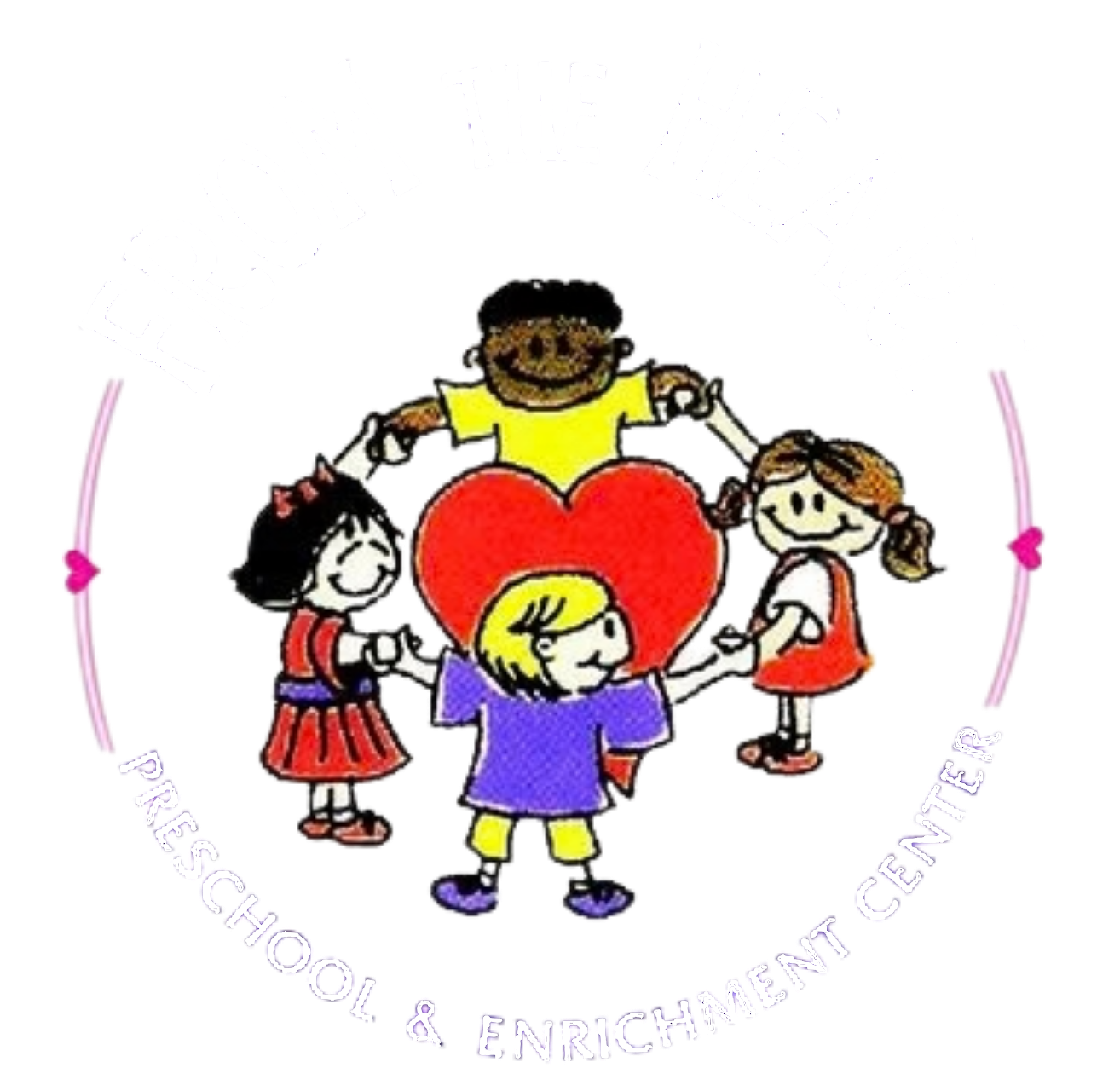 Four children hold hands in a circle around a large red heart, with the text