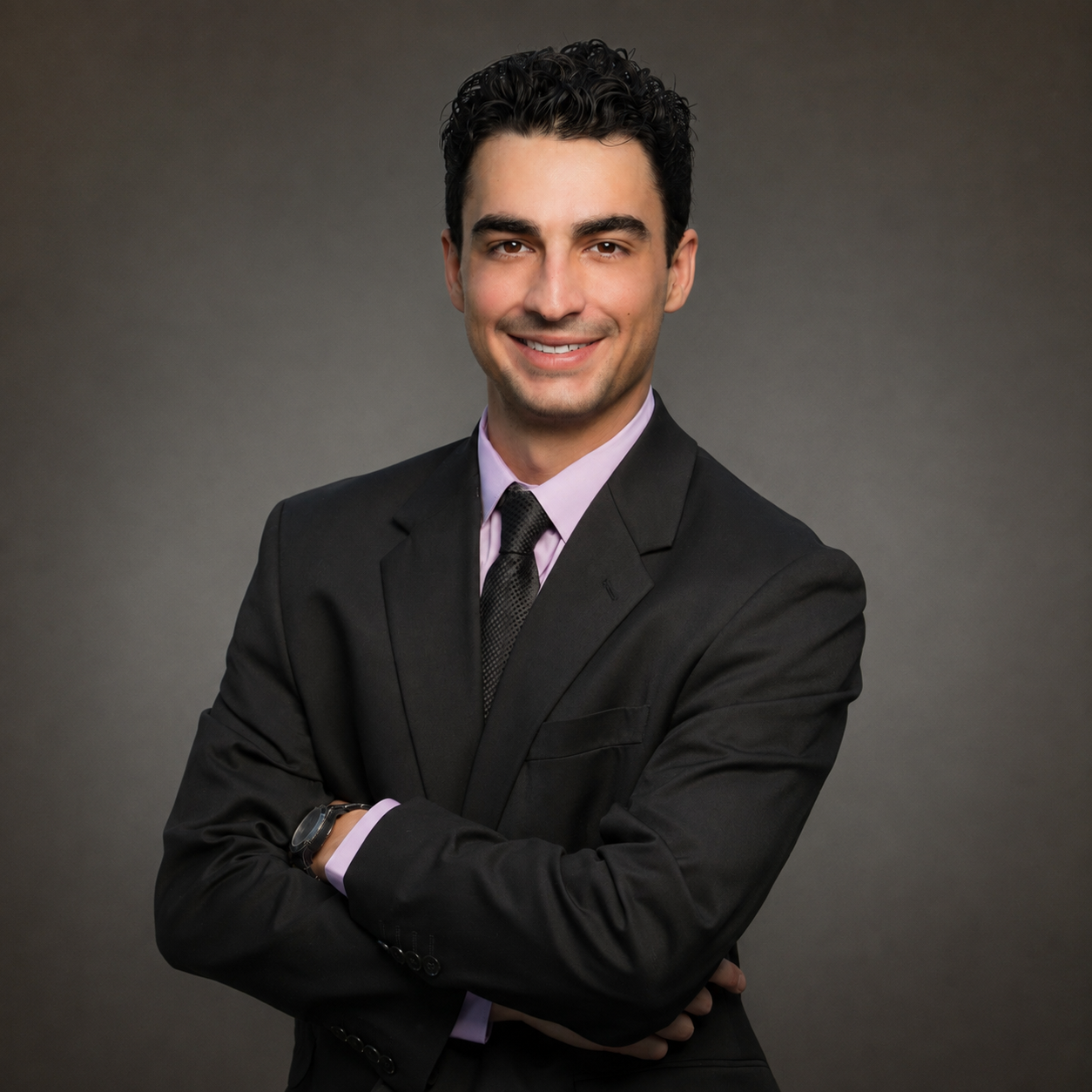 Man in a dark suit and tie standing with arms crossed, smiling against a gray studio background.