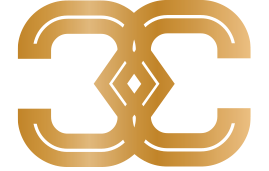Gold abstract interlocking CC monogram logo on white background