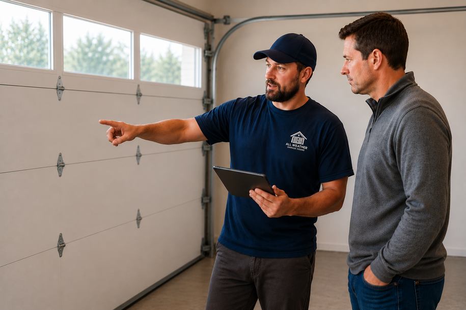 Garage door technician explaining repair options to homeowner