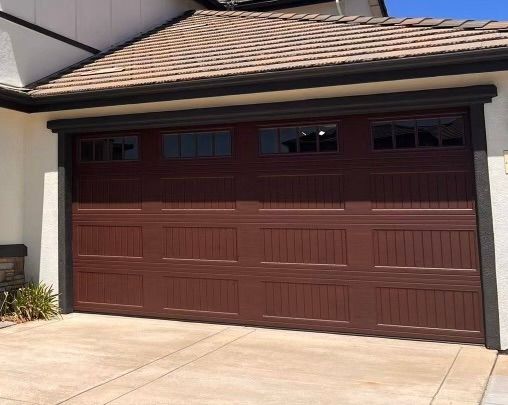 Wood-look long panel garage door installation