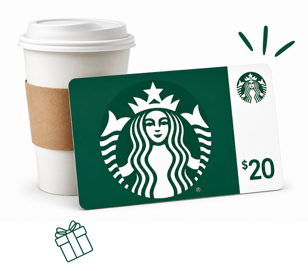Starbucks gift card and coffee cup with $20 and small gift icon