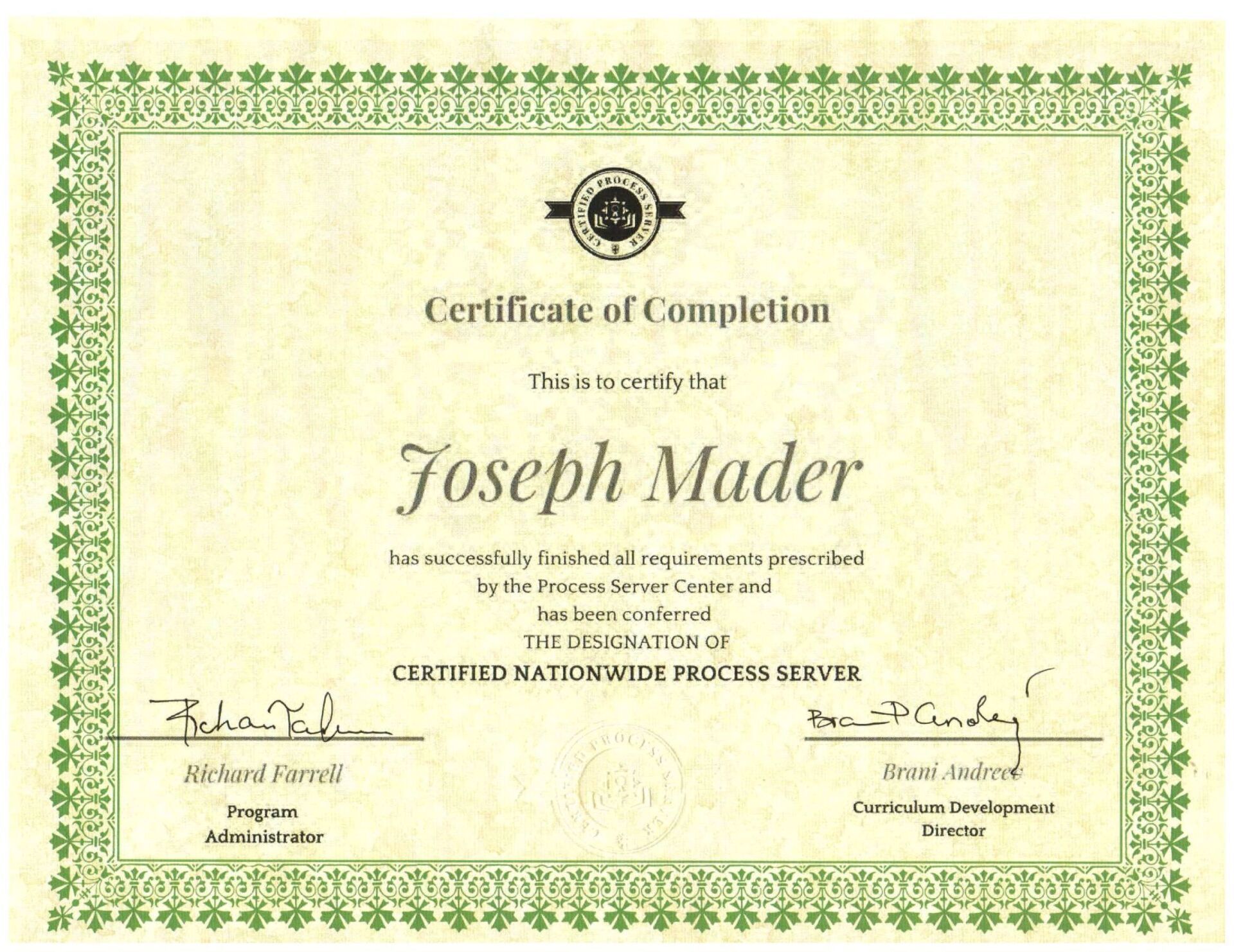 A certificate of completion for joseph mader with a green border