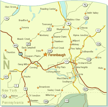 Map of a region with labeled towns and highways. Shows towns in NY and PA.