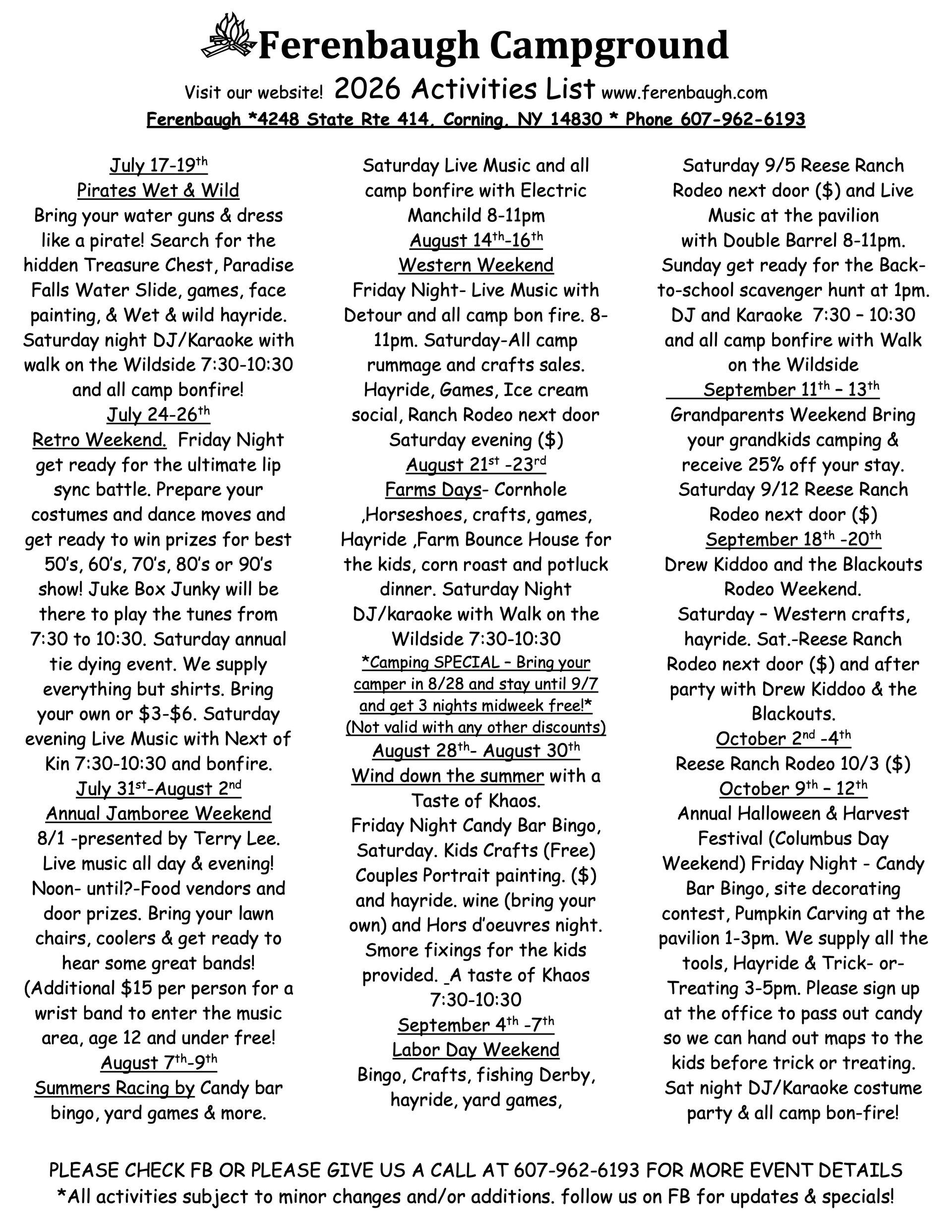 Flyer for Aferenbauch Campground, listing events, activities, and contact information.