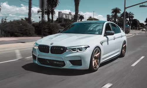 White BMW sedan driving on a palm-lined road under a cloudy sky