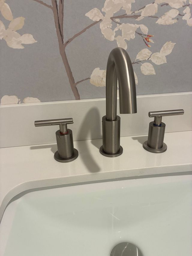 Bathroom sink with chrome faucet and two handles against floral wallpaper.