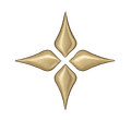 Gold four-point star-like emblem on a white background