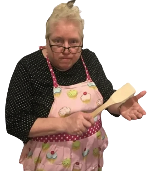 Person in a pink apron holds a wooden spoon and examines their hand against a white background